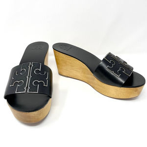 Tory Burch Ines 80 Wedge Leather Slide On Platform Sandals Black Size 6.5
